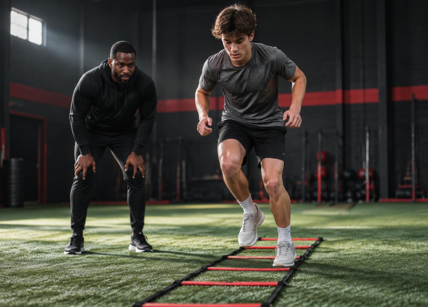 A student-athlete practicing agility with a coach